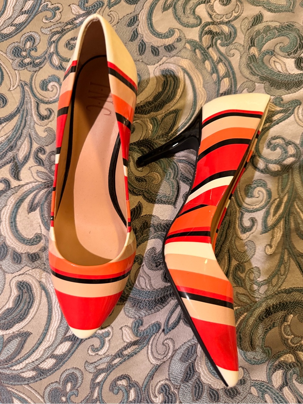 INC International Concepts Red, Orange, Cream & Black Striped Pointed-Toe Pumps - Picture 2 of 7